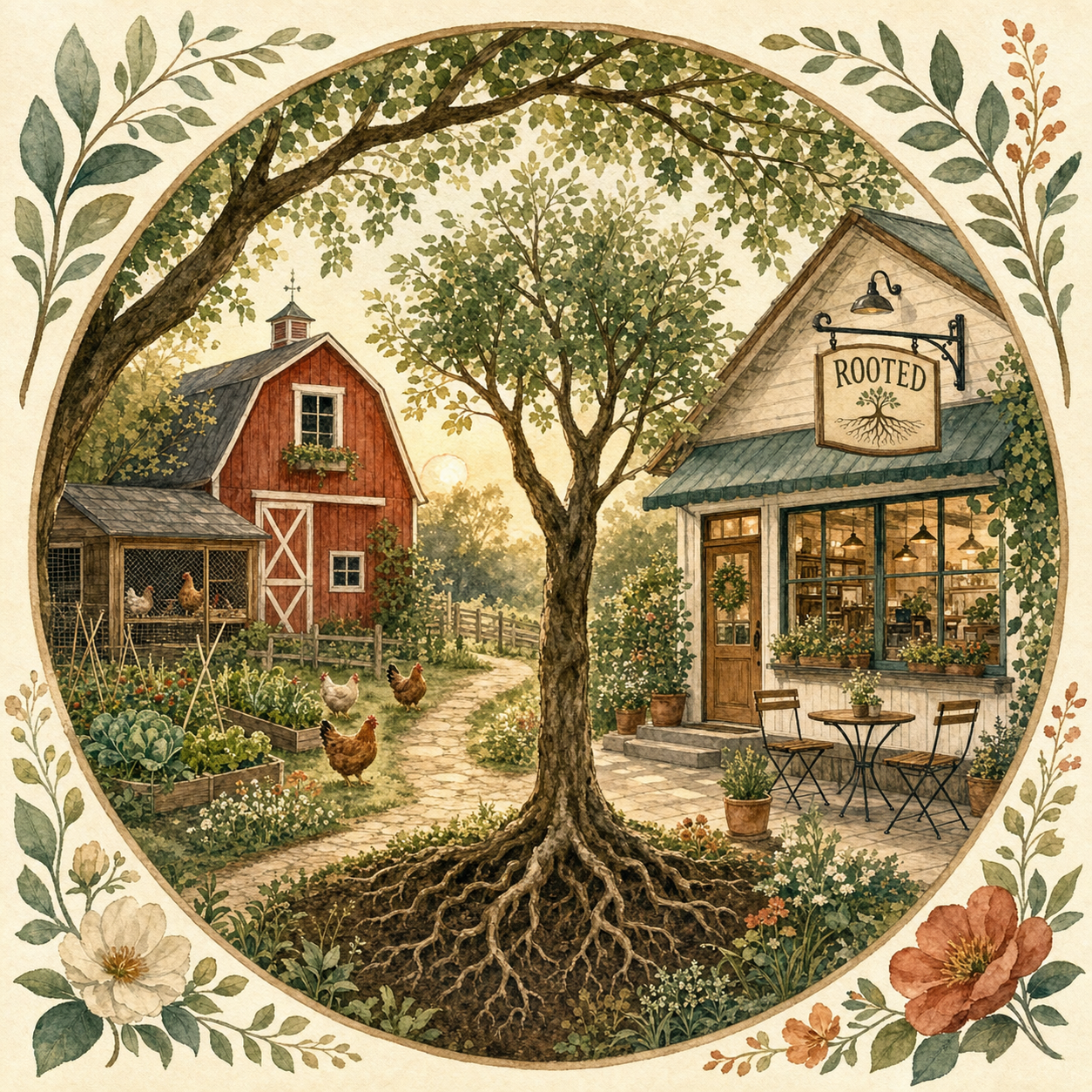 Watercolor illustration of a small red barn with a chicken coop and garden, surrounded by a central tree with deep visible roots